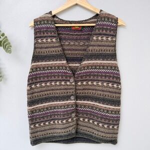Alps Sweater Vest Indie Grunge Fair Isle Striped Knit Button Front Made In Usa